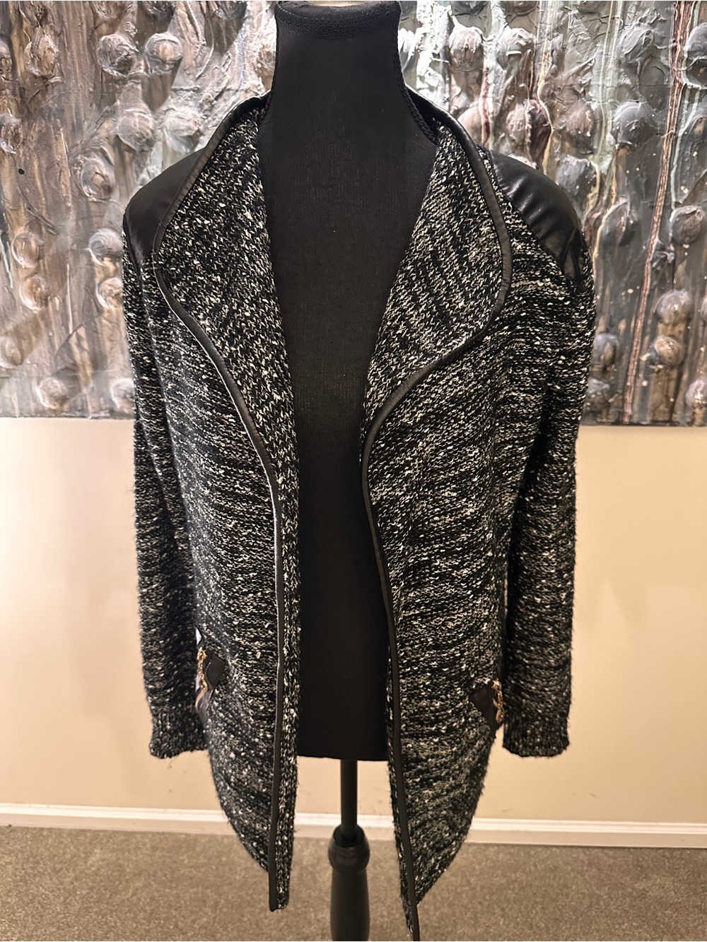 ⭐️ Ness Small Black & White Marled Open Cardigan with Faux Leather Trim